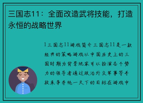 三国志11：全面改造武将技能，打造永恒的战略世界